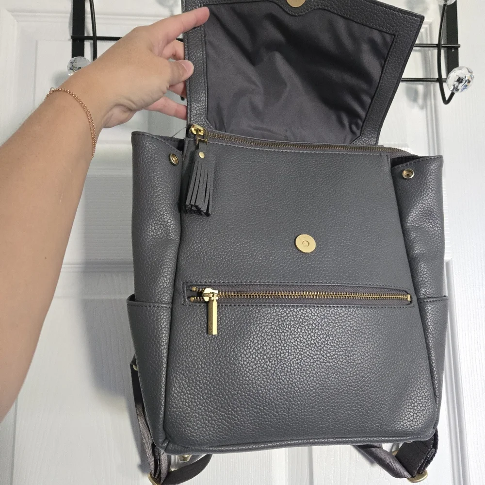 Freshly Picked Charcoal Gray Leather Diaper Backpack with Gold Hardware